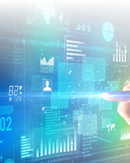 Female finger touching a beam of light surrounded by blue and green data and charts