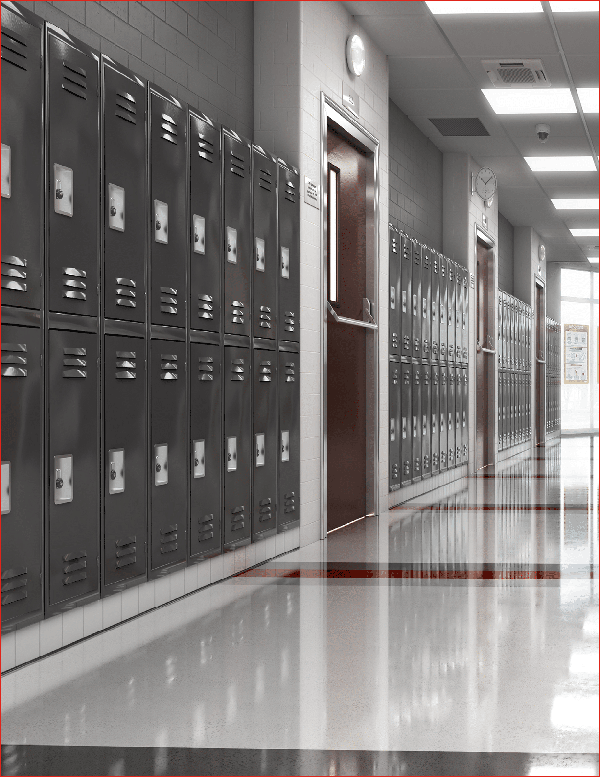 Long school corridor with black lockers , 3d illustration