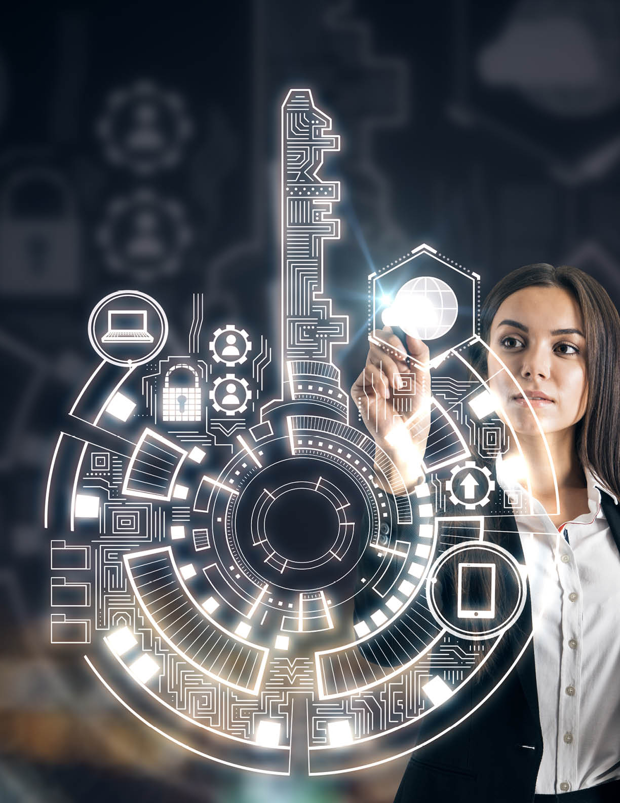 Businesswoman using creative digital key interface on dark background with icons  Access, technology and innovation concept  Double exposure 
