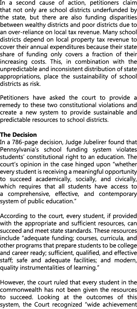 In a second cause of action, petitioners claim that not only are school districts underfunded by the state, but there...