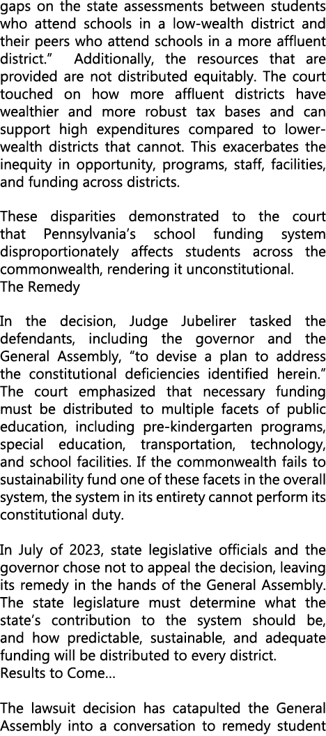 gaps on the state assessments between students who attend schools in a low wealth district and their peers who attend...
