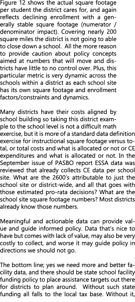 Figure 12 shows the actual square footage per student the district cares for, and again reflects declining enrollment...