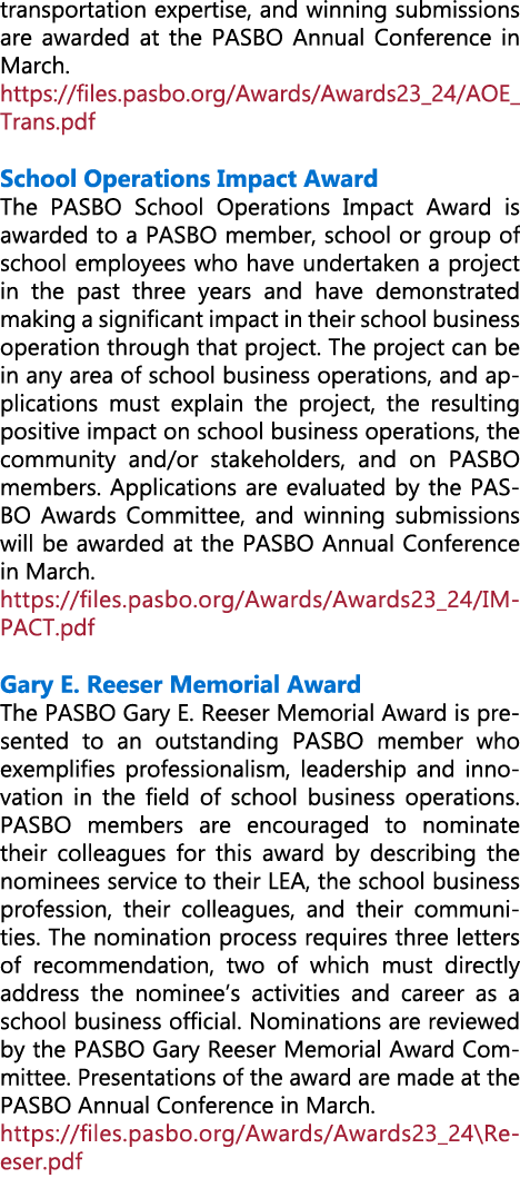 transportation expertise, and winning submissions are awarded at the PASBO Annual Conference in March. https://files....