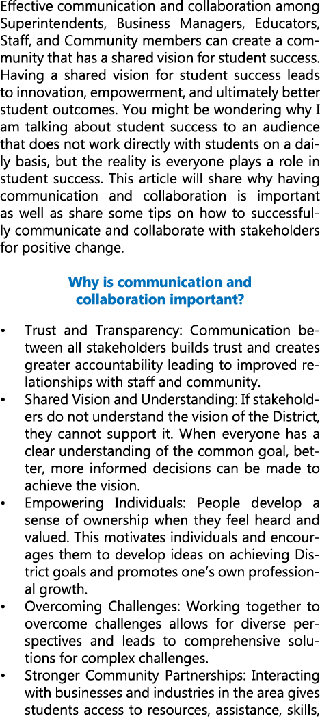 Effective communication and collaboration among Superintendents, Business Managers, Educators, Staff, and Community m...