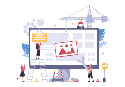 Software System Under Maintenance Vector Illustration. Error Website, Development and Update Webpages on Mobile Application For Poster Template