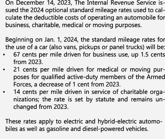 On December 14, 2023, The Internal Revenue Service issued the 2024 optional standard mileage rates used to calculate ...