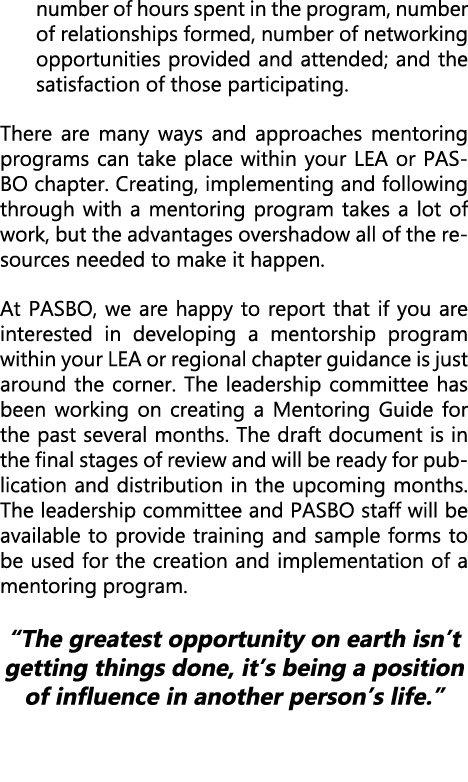 number of hours spent in the program, number of relationships formed, number of networking opportunities provided and...