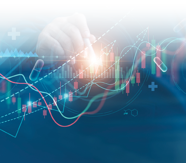 Healthcare business graph and data of Medical business growth, Medical hub on global network, Businessman touch and analyzing data  growth of investment, Financial and banking, Health business report