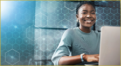 Grid overlay, business woman and portrait with computer in office for email and digital planning. Working, African female professional and technology for website development job with mockup space.