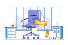 Labor shortage, need worker, not enough skill staff to fill job vacancy, help wanted, employment demand, business hiring and recruiting concept. Workplace, workspace and office chair with sign vacant.
