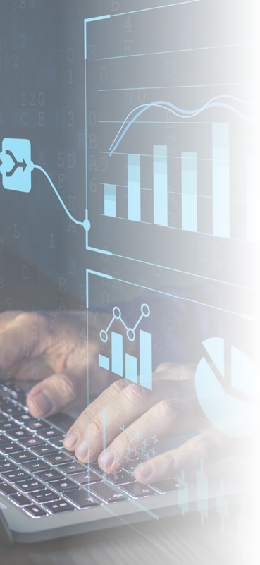Analyst working with Business Analytics and Data Management System on computer to make report with KPI and metrics connected to database. Corporate strategy for finance, operations, sales, marketing