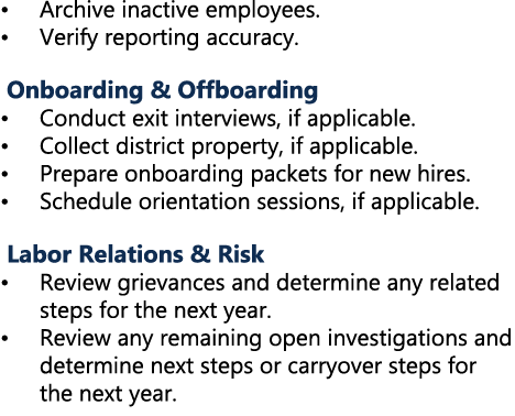 • Archive inactive employees. • Verify reporting accuracy. Onboarding & Offboarding • Conduct exit interviews, if app...