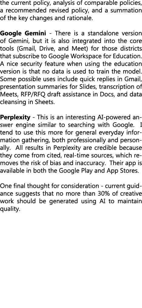 the current policy, analysis of comparable policies, a recommended revised policy, and a summation of the key changes...
