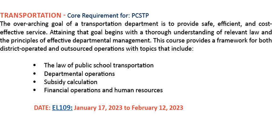 Transportation - Core Requirement for: PCSTP The over-arching goal of a transportation department is to provide safe   